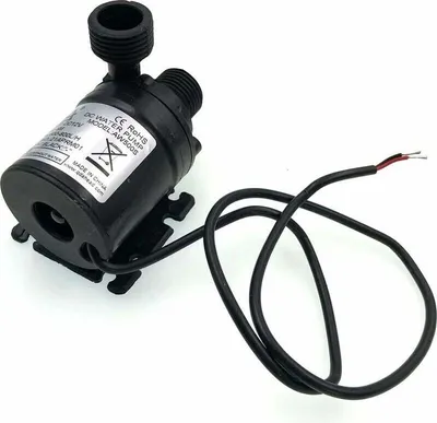 A black DC water pump with a wire attached, shown on a white background.