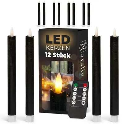 Obrázek produktu pro LED svíčky do svícenů, černé barvy, 12 kusů, pro použití v interiéru, s časovačem, výška 23 cm, průměr 2,2 cm, vyžadují 2 AAA baterie. Sada 4 LED svíček, černé barvy (tři kusy), s pohyblivým plamenem a světlem