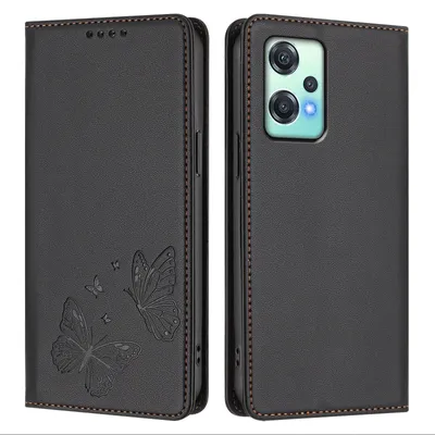 Produktbild von Lederhülle für OnePlus Nord CE 2 Lite 5G/Nord 2 Lite, Schmetterling Prägung Leder Brieftasche Schutzhülle mit Ständer Schwarz