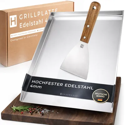 Produktbild von HAVENHAUS Plancha Grillplatte Edelstahl [40x30cm] | Massive Grillplatte 4mm dicke Plancha Grillplatte Gasgrill & Kohlegrill | Edelstahl Plancha 100%