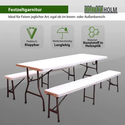 Produktbild von Bierzeltgarnitur 3 teilig weiß Festzeltgarnitur 180x75cm klappbar Gartenmöbelset 2 Bierbänke 1Tisch