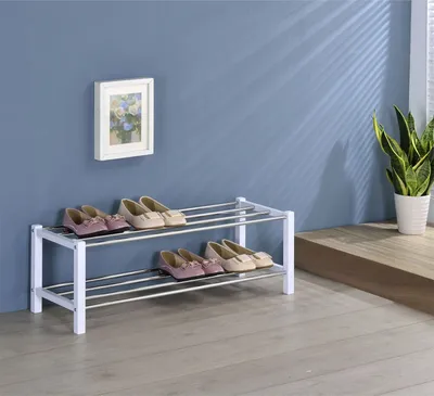 Produktbild von Schuhregal DUBLIN mit 2 Ablagen in weiß. Robustes Metallregal mit edel verchromter Schuhablage. Flurmöbel Schuhaufbewahrung, Organizer für den Flur.