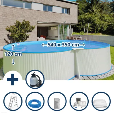 Produktbild von Stahlwandpool Set (6-teilig) hoch achtform 540 x 350 x 120 cm, Stahl 0,4 mm weiß Folie 0,4 mm blau