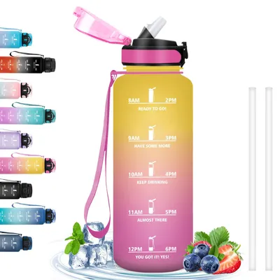Imagen del producto de Botella de agua de 1,5 litros con indicador de tiempo, a prueba de fugas, con pajita, ideal para deportes y actividades al aire libre