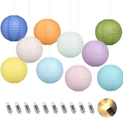 Produktbild von Papierlaternen mit LED-Beleuchtung - 10 Stück runde Lampions - Gartenparty und Festdekoration - Ø 20 cm - Mehrfarbig