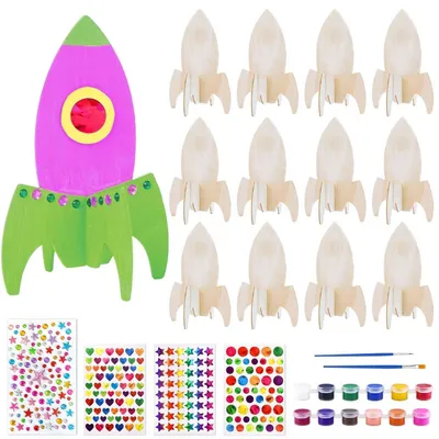 Produktbild von Holz Bastelset Raketen zum Bemalen 12 Stück DIY Weltraum für Kindergeburtstag Geschenk 4-9 Jahre