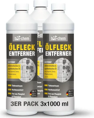 Produktbild von bio-chem Ölfleckentferner 3x 1 Liter - Zur effektiven Entfernung von Ölflecken aller Art - für Pflastersteine, Beton, Asphalt u.v.m. -  Germany