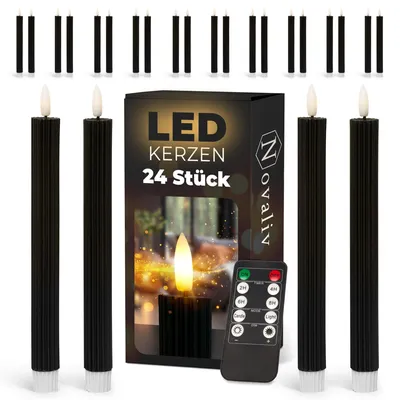 Produktbild von LED Stabkerzen 12 Stück ECHTWACHS gerippt SCHWARZ mit Timer Funktion 6 Stunden 23cm Höhe für Kerzen 2,2cm Durchmesser 2 AAA Batterien notwendig LED Stabkerzen 2er Set (sechs Mal) bewegliche Flamme
