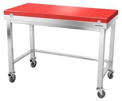Immagine prodotto di Tavolo da lavoro in acciaio inossidabile, dimensioni 1500x600 mm, con piano di taglio rosso e struttura rinforzata su ruote, serie PREMIUM - GOLDINOX