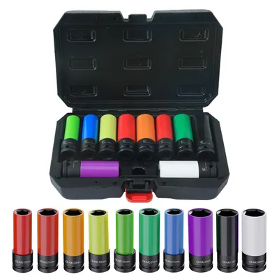 Produktbild von 10tlg 1/2 Zoll Kraft-Stecknuss-Satz, 15–24 mm Cr-Mo-Stahl Radmuttern Nüsse mit Kunststoff-Felgenschutz, 85 mm lang, Sechskant-Profil