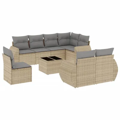 Produktbild von vidaXL 9-tlg. Garten-Sofagarnitur mit Kissen Beige Poly Rattan