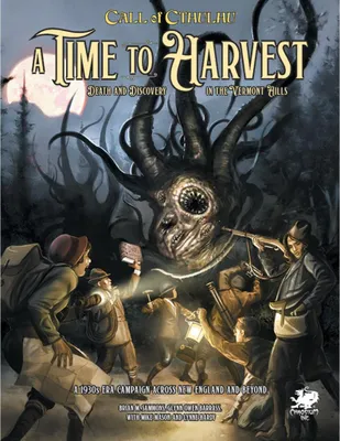 A group of people in 1930s attire are confronting a large, tentacled monster in a dark, wooded area under a full moon.