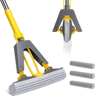 Obrázek produktu pro Houbový mop s rukojetí z nerezové oceli a 3 houbovými hlavicemi