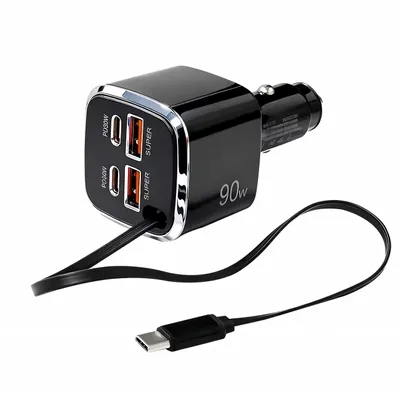 Produktbild von P63C 90W KFZ Schnellladegerät mit einziehbarem USB-C Kabel 40cm, PD30W & QC4.0, 4 Ports USB-C/USB-A Auto Ladeadapter für Handy Tablet Navi