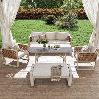 Produktbild von okwish Gartenmöbel-Set mit Dreisitzer und Einzelsofa auch Tisch, Gartensofa mit waschbaren Kissen,für 6-7 Personen,Beige