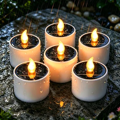 6er-Set Solar-LED-Teelichter, gelb, flackernd, wasserdicht, wiederaufladbar
