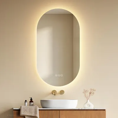 Produktbild von EMKE Badspiegel mit Beleuchtung, Antibeschlag, 3 Lichtfarben Dimmbar, Touch-Tasten, Badezimmerspiegel 90x50 cm Oval Rahmenlos