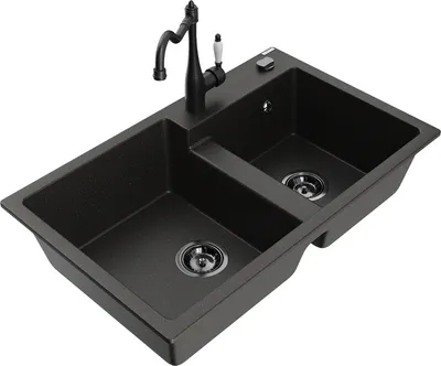 Produktbild von Mexen Tomas 2-Becken-Granitspüle mit Mischbatterie Carla, Schwarz/Gold metallisch - 6516-75-670700-70-B