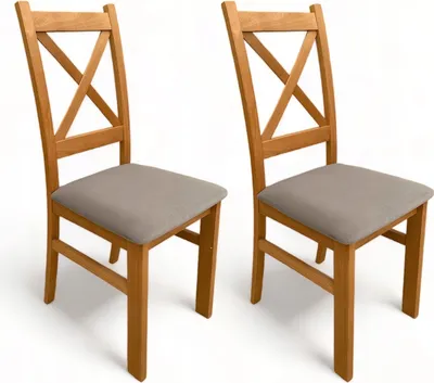 Two wooden chairs with gray upholstered seats are shown against a white background.