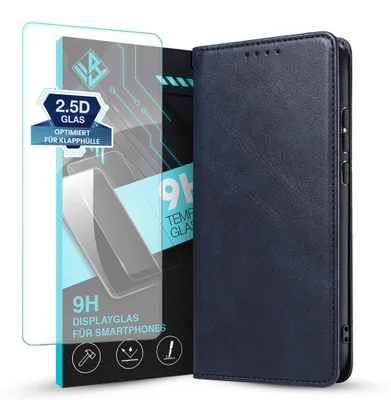 Produktbild von Handyhülle für Xiaomi Redmi A7 Pro mit 9H Displayglas Kunstleder Flip Cover Hülle Handytasche Case Kartenfach Farbe: Blau