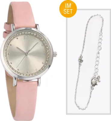 Produktbild von Damen Armbanduhr Rosé mit Kunstlederarmband & weißem Zifferblatt – Analoge Quarzuhr Ø 34 mm, Batterie inklusive