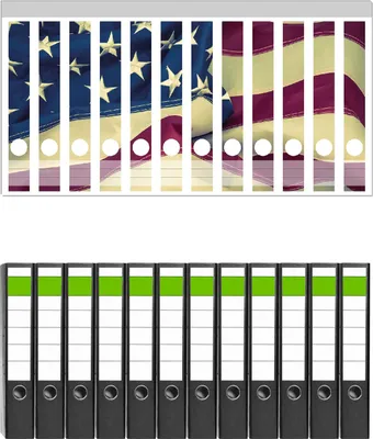Produktbild von Wallario 12 Stück schmale Ordner inkl. Klebeetiketten mit Motive Amerikanische Flagge im Wind -  Set mit Rückenschildern / Ordnerrücken Stickern