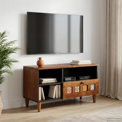 Image de Meuble TV vidaXL avec étagère, noyer, 80 x 33 x 46 cm, bois massif de manguier