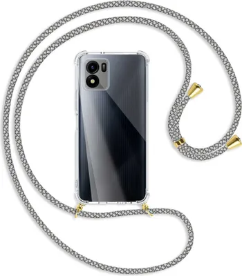 Produktbild von Handykette Backcover-Schutzhülle mit Band (Metall goldfarben) für vivo Y01, vivo Y15s (V2120, 6.51'') - weiß/grau kariert