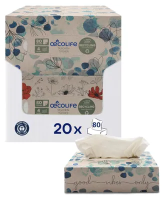 Produktbild von œcolife Taschentücher Recycling, 4-lagig, 1600 Tücher, 20 Packungen à 80 Stück