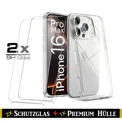 Produktbild von Für iPhone 16 Pro Max - Transparent Silikon Handy Schutz Hülle + 2 Stück Panzerglas 9H , HD Schutzglas