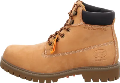 A side view of a brown work boot.