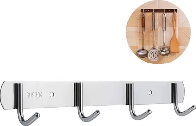 A stainless steel wall-mounted hook rack with four hooks, with a circular inset image showing kitchen utensils hanging from similar hooks.