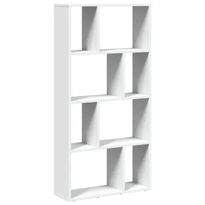 A white, multi-compartment bookshelf is shown against a white background.