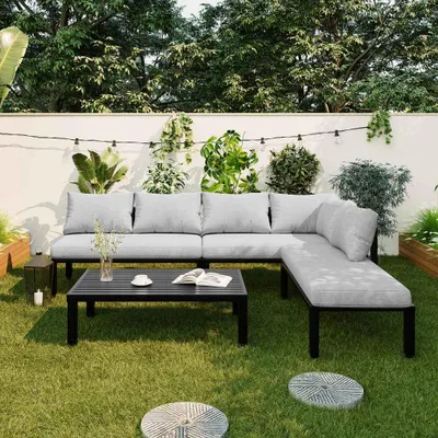 Produktbild von 6-teilige Gartenmöbelgruppe: Modularer Loungesessel mit verzinktem Eisenrahmen, abnehmbarer Rückenlehne und verstellbaren Beinen, graues Set