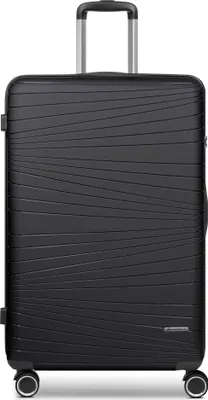 A black suitcase with a textured surface and a retractable handle.