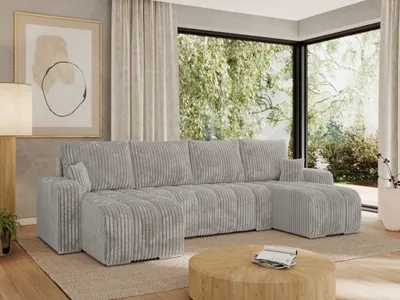 Produktbild von MKS MEBLE Sofa mit Schlaffunktion - Ecksofa mit Schlaffunktion und Bettkasten - Sofa 5 Sitzer - Schlafsofa - Couch - Schlafsofa mit Bettkasten - Kirasso U -Hellgrau Cord
