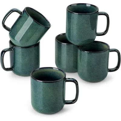 Productafbeelding van Koffiemokken set, 6 stuks, steengoed, 480 ml, groen, sterrenmotief, geschikt voor magnetron, vaatwasserbestendig