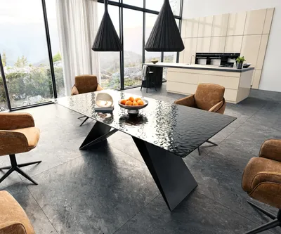 Produktbild von DELIFE Esstisch Edge 200x100 Reliefglas Rauchschwarz 3D-Design V-Gestell Flachstahl Schwarz