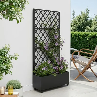 Image de Cloison « Malja » avec jardinière et tuteur en acier 190 x 82 x 38 cm Noir