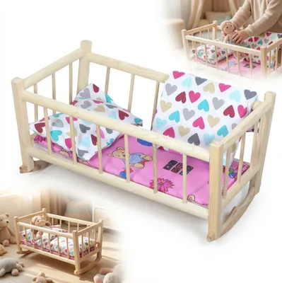 Immagine prodotto di Culla RETRO, letto per bambole in legno, biancheria da letto con grandi cuori