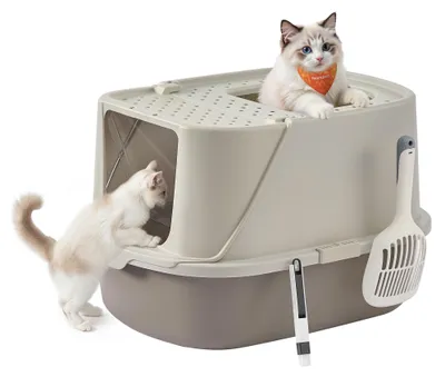 Produktbild von Feandrea Katzenklo groß XXL, Katzentoilette mit Deckel, mit Schaufel und Bürste, für Katzen bis 15 kg, haferflockenfarben-warmgrau