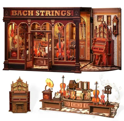 Immagine prodotto di Casa delle bambole in miniatura, set di costruzione in legno 3D, stanza musicale, puzzle. Include strumenti a corda