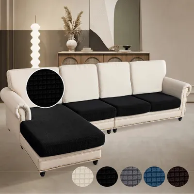 Produktbild von Sofa Überzug Jacquard Kariert L-förmig Sofa mit 3 Einzelsitz und 1 Chaiselongue, Sofa Bezug Gummiband rutschfest, Sitzkissen Bezug Elastisch Schwarz