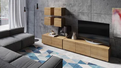 Produktbild von Wohnwand CALABRINI-18 Wohnzimmer-Set Hängewohnwand Schrankwand Schrank TV-Schrank Moderne Anbauwand Hochglanz (Eiche Gold)