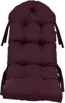 A maroon tufted chair cushion with ties.