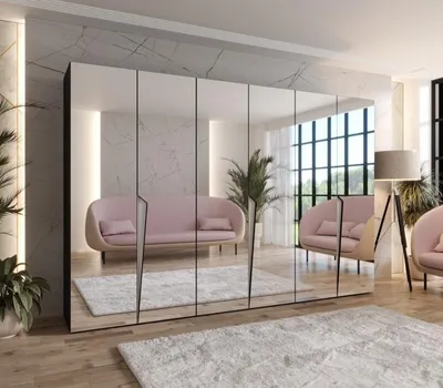 Produktbild von Großer Kleiderschrank 300 cm SORAYA 3 mit Spiegel - schwarz / Griffe aus Kaschmir