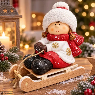 Produktbild von Weihnachtsfigur Mädchen Schlitten Weihnachtsdeko Winterdeko 20 cm Rot Weiß