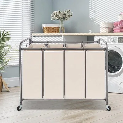 Zdjęcie produktu dla Wózek na pranie z kółkami i wysuwanymi torbami – 4 przegródki na brudne ubrania.
