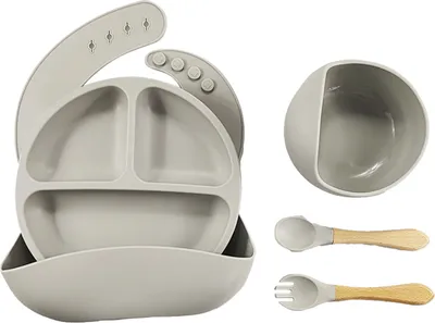Produktbild von Kinderteller Sets Baby Teller Silikon,5 Stücke Rutschfest Geschirr Sets Babyteller Schüssel mit Saugnapf Lätzchen Löffel Gabel Kindergeschirr für Kleinkinder