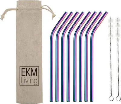 Image de EKM Living Edelstahl Strohhalme 8er Set Rainbow gebogen GmbH, Trinkhalme, bruchfest, wiederverwendbar, spülmaschinengeeignet, plastikfrei (Rainbow gebogen, 8)